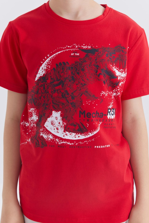 Kırmızı Dinazor Baskılı Kısa Kol Standart Kalıp O Yaka Erkek Çocuk T-Shirt - 10865