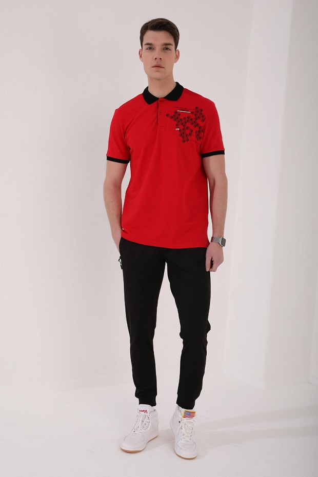 Kırmızı Altıgen Desen Baskılı Standart Kalıp Polo Yaka Erkek T-Shirt - 87928