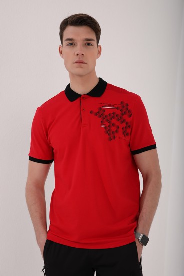 Kırmızı Altıgen Desen Baskılı Standart Kalıp Polo Yaka Erkek T-Shirt - 87928 - Thumbnail