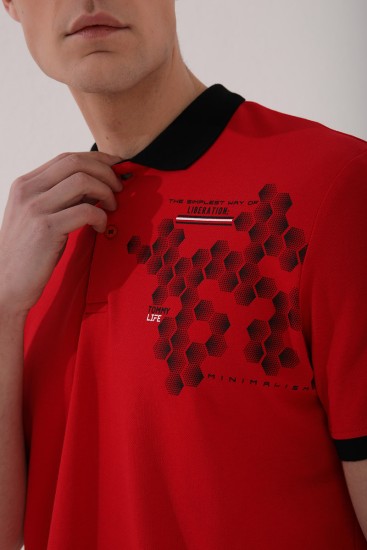 Kırmızı Altıgen Desen Baskılı Standart Kalıp Polo Yaka Erkek T-Shirt - 87928 - Thumbnail