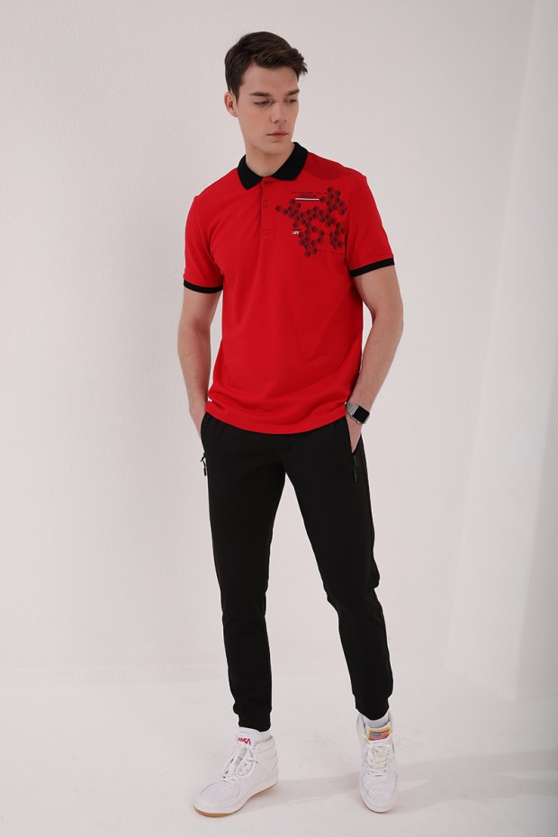 Kırmızı Altıgen Desen Baskılı Standart Kalıp Polo Yaka Erkek T-Shirt - 87928