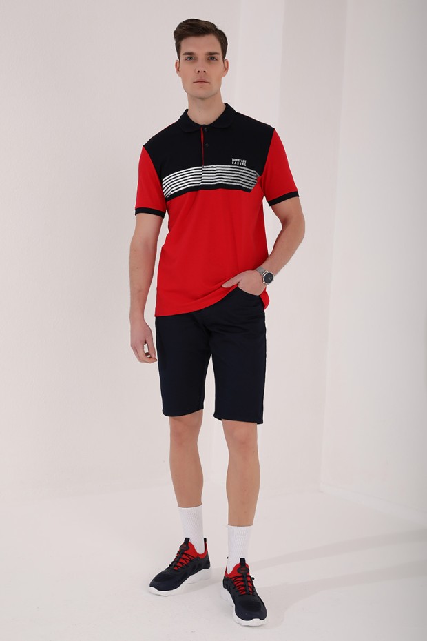 Kırmızı Çift Renk Göğüs Baskılı Standart Kalıp Triko Polo Yaka Erkek T-Shirt - 87939