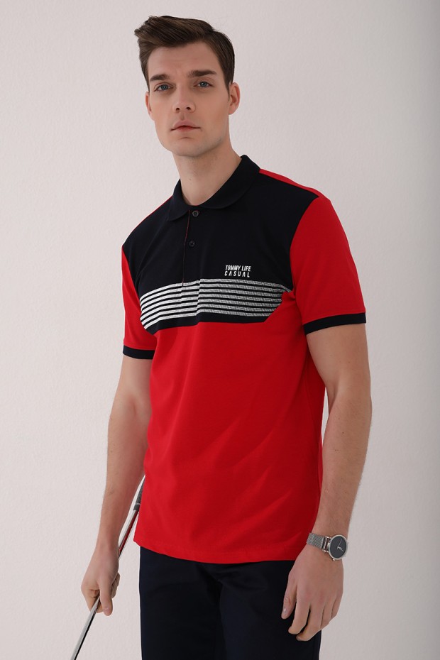 Kırmızı Çift Renk Göğüs Baskılı Standart Kalıp Triko Polo Yaka Erkek T-Shirt - 87939