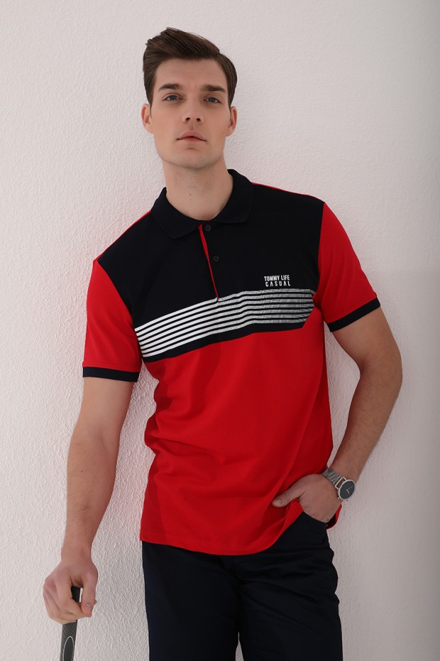 Kırmızı Çift Renk Göğüs Baskılı Standart Kalıp Triko Polo Yaka Erkek T-Shirt - 87939