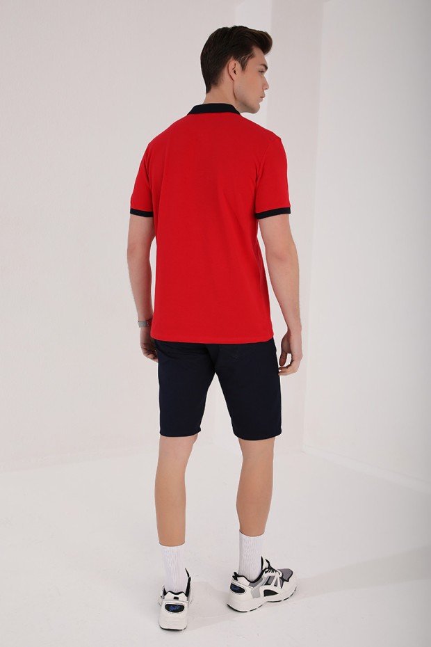 Kırmızı Çift Renk Göğüs Baskılı Standart Kalıp Triko Polo Yaka Erkek T-Shirt - 87939