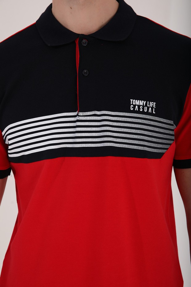 Kırmızı Çift Renk Göğüs Baskılı Standart Kalıp Triko Polo Yaka Erkek T-Shirt - 87939