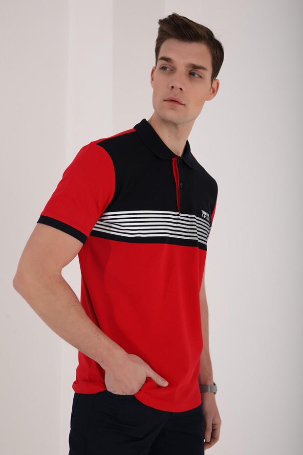 Kırmızı Çift Renk Göğüs Baskılı Standart Kalıp Triko Polo Yaka Erkek T-Shirt - 87939