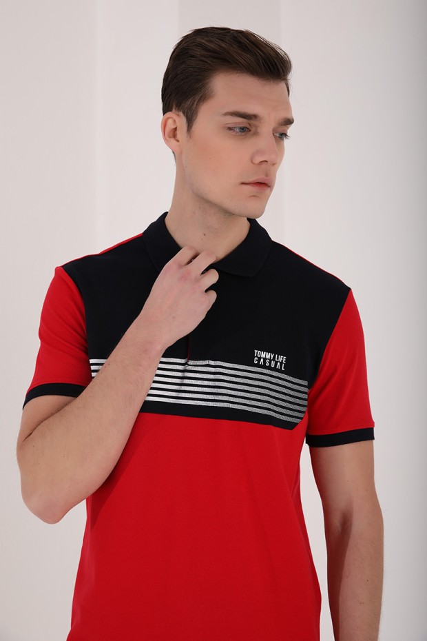 Kırmızı Çift Renk Göğüs Baskılı Standart Kalıp Triko Polo Yaka Erkek T-Shirt - 87939