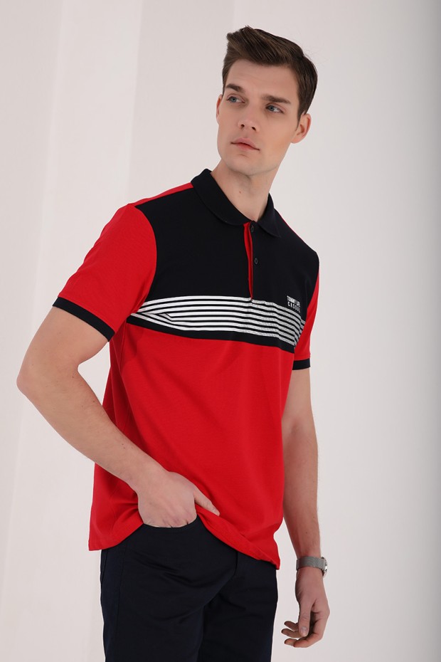 Kırmızı Çift Renk Göğüs Baskılı Standart Kalıp Triko Polo Yaka Erkek T-Shirt - 87939