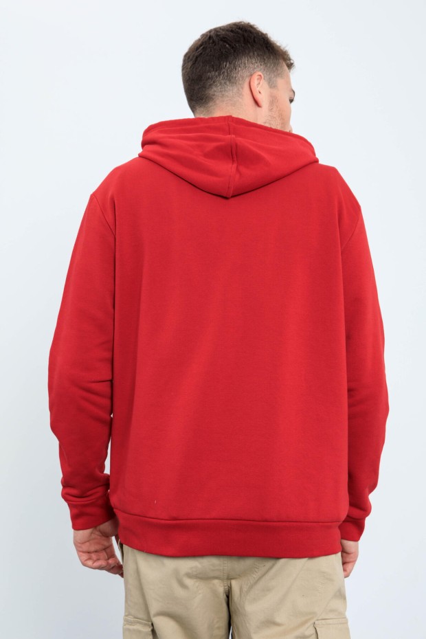 Kırmızı Desen Baskılı Kapüşonlu Rahat Form Erkek Sweatshirt - 88030