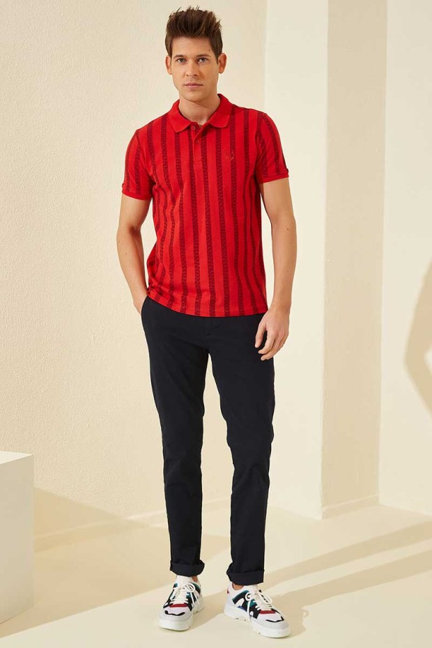 Kırmızı Desen Çizgili Standart Kalıp Polo Yaka Erkek T-Shirt - 87805
