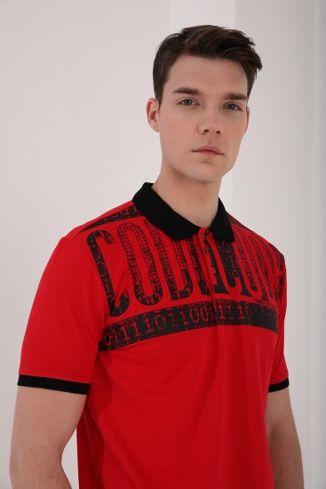 Kırmızı Eskitme Yazı Baskılı Standart Kalıp Polo Yaka Erkek T-Shirt - 87929 - Thumbnail