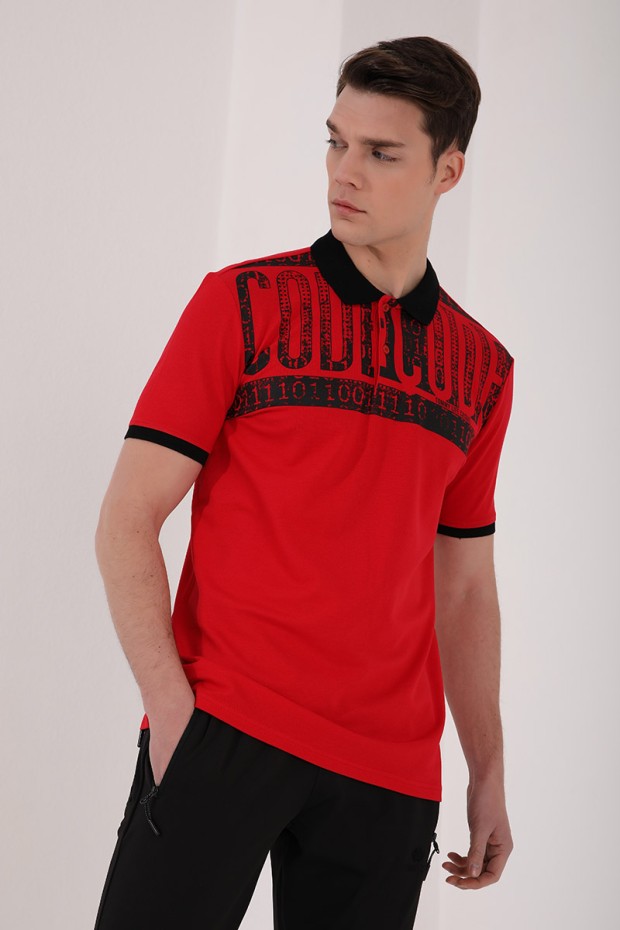 Kırmızı Eskitme Yazı Baskılı Standart Kalıp Polo Yaka Erkek T-Shirt - 87929
