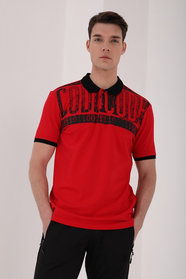 Kırmızı Eskitme Yazı Baskılı Standart Kalıp Polo Yaka Erkek T-Shirt - 87929
