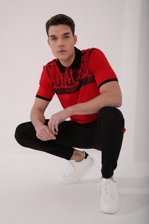 Kırmızı Eskitme Yazı Baskılı Standart Kalıp Polo Yaka Erkek T-Shirt - 87929