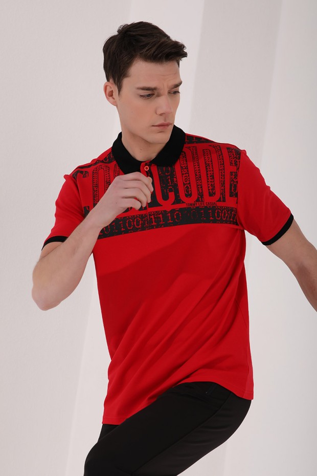 Kırmızı Eskitme Yazı Baskılı Standart Kalıp Polo Yaka Erkek T-Shirt - 87929