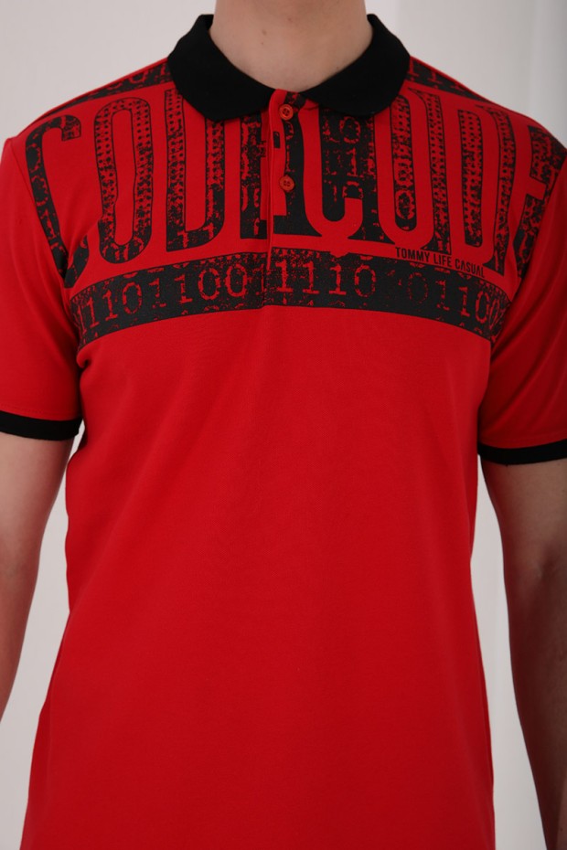 Kırmızı Eskitme Yazı Baskılı Standart Kalıp Polo Yaka Erkek T-Shirt - 87929