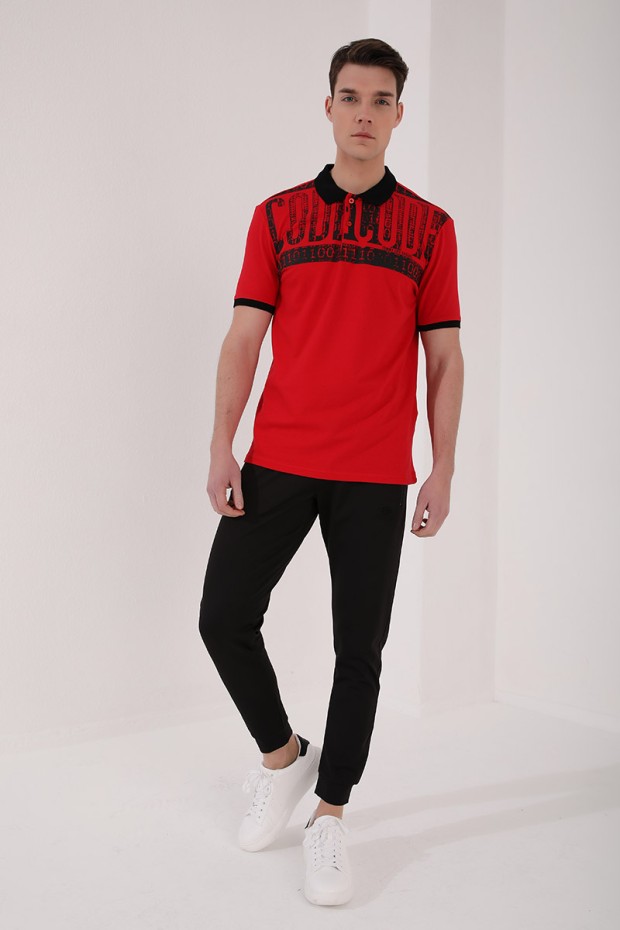 Kırmızı Eskitme Yazı Baskılı Standart Kalıp Polo Yaka Erkek T-Shirt - 87929