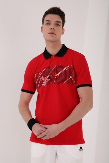 Kırmızı Sayı Detaylı Çizgi Baskılı Standart Kalıp Polo Yaka Erkek T-Shirt - 87955 - Thumbnail