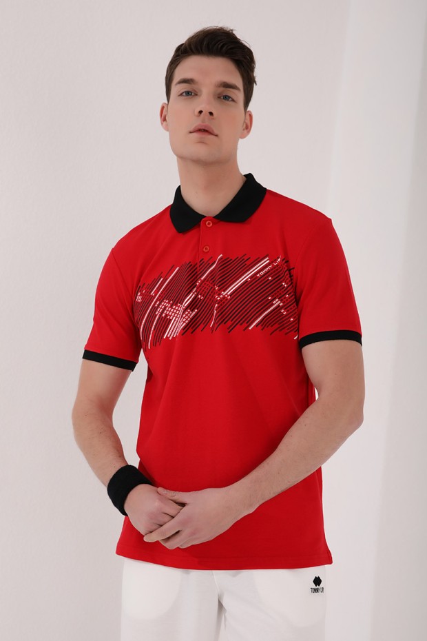 Kırmızı Sayı Detaylı Çizgi Baskılı Standart Kalıp Polo Yaka Erkek T-Shirt - 87955