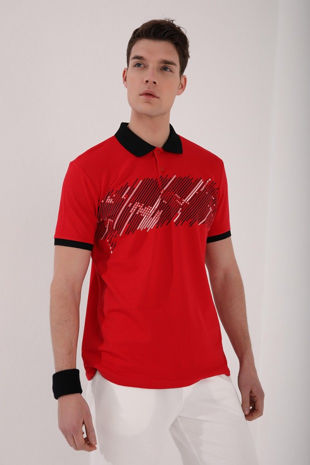 Kırmızı Sayı Detaylı Çizgi Baskılı Standart Kalıp Polo Yaka Erkek T-Shirt - 87955