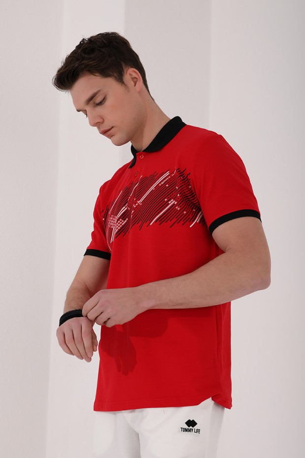 Kırmızı Sayı Detaylı Çizgi Baskılı Standart Kalıp Polo Yaka Erkek T-Shirt - 87955