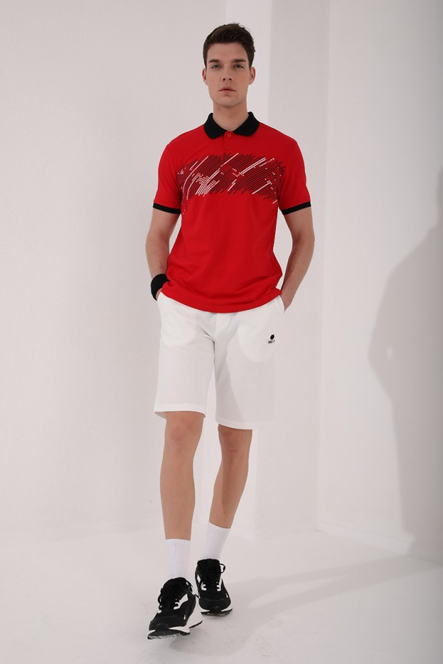 Kırmızı Sayı Detaylı Çizgi Baskılı Standart Kalıp Polo Yaka Erkek T-Shirt - 87955
