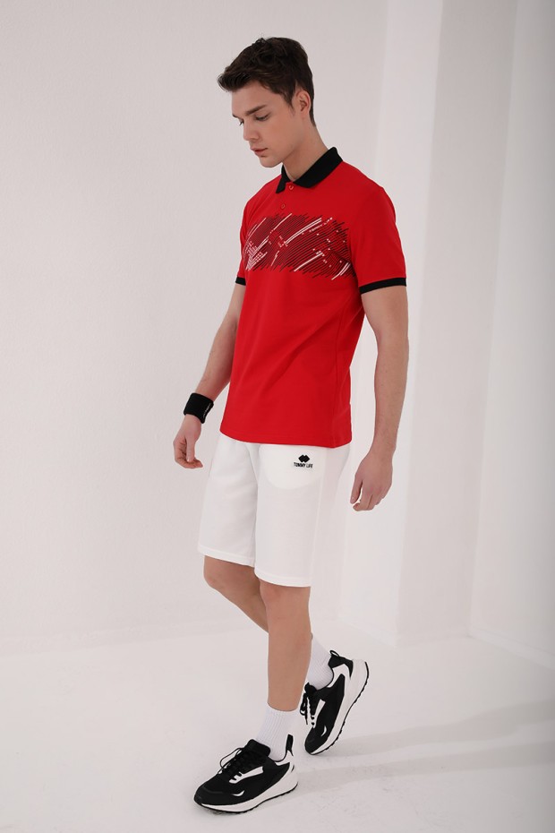 Kırmızı Sayı Detaylı Çizgi Baskılı Standart Kalıp Polo Yaka Erkek T-Shirt - 87955