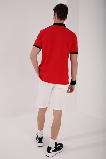 Kırmızı Sayı Detaylı Çizgi Baskılı Standart Kalıp Polo Yaka Erkek T-Shirt - 87955 - Thumbnail