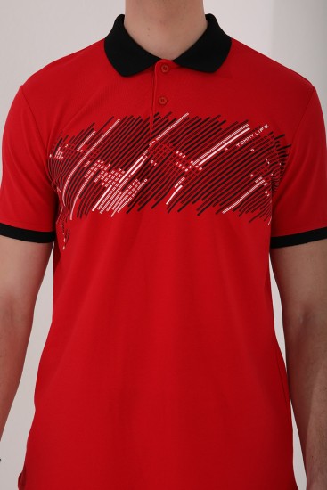 Kırmızı Sayı Detaylı Çizgi Baskılı Standart Kalıp Polo Yaka Erkek T-Shirt - 87955 - Thumbnail