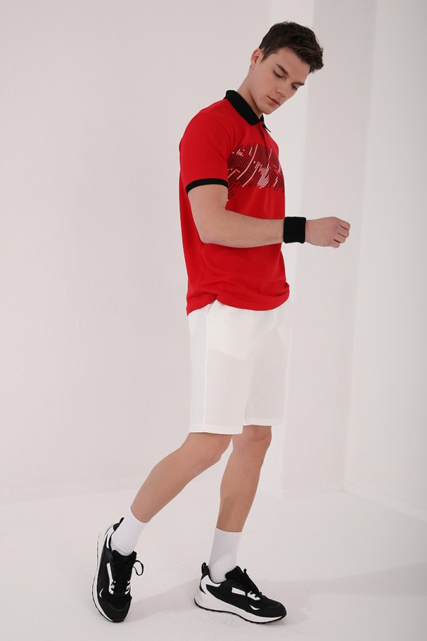 Kırmızı Sayı Detaylı Çizgi Baskılı Standart Kalıp Polo Yaka Erkek T-Shirt - 87955