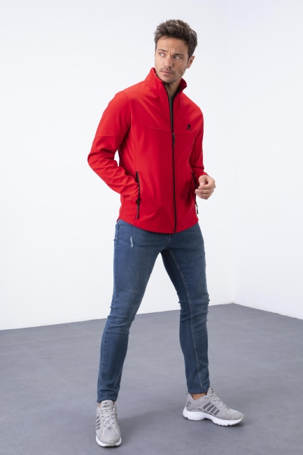Kırmızı Fermuarlı Dik Yaka Su ve Rüzgar Geçirmez Softshell Erkek Mont - 88050 