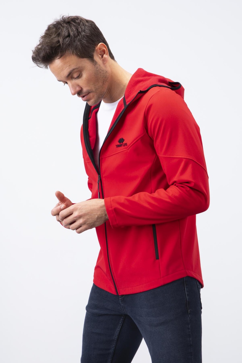 Kırmızı Fermuarlı Kapüşonlu Su ve Rüzgar Geçirmez Softshell Erkek Mont - 88051 - 5