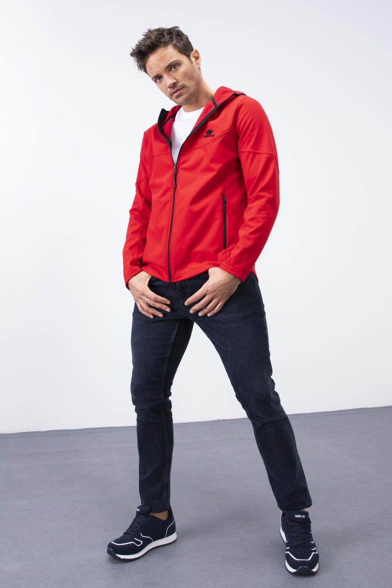 Kırmızı Fermuarlı Kapüşonlu Su ve Rüzgar Geçirmez Softshell Erkek Mont - 88051 - 4
