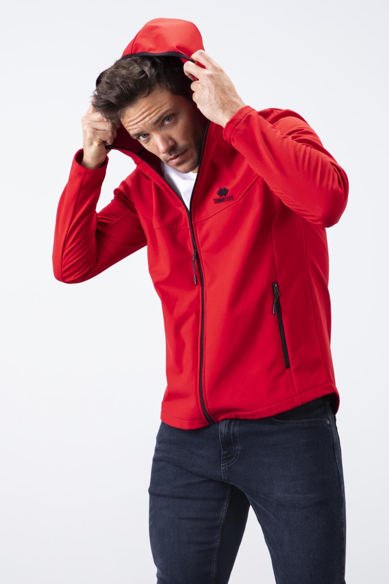 Kırmızı Fermuarlı Kapüşonlu Su ve Rüzgar Geçirmez Softshell Erkek Mont - 88051 - 3