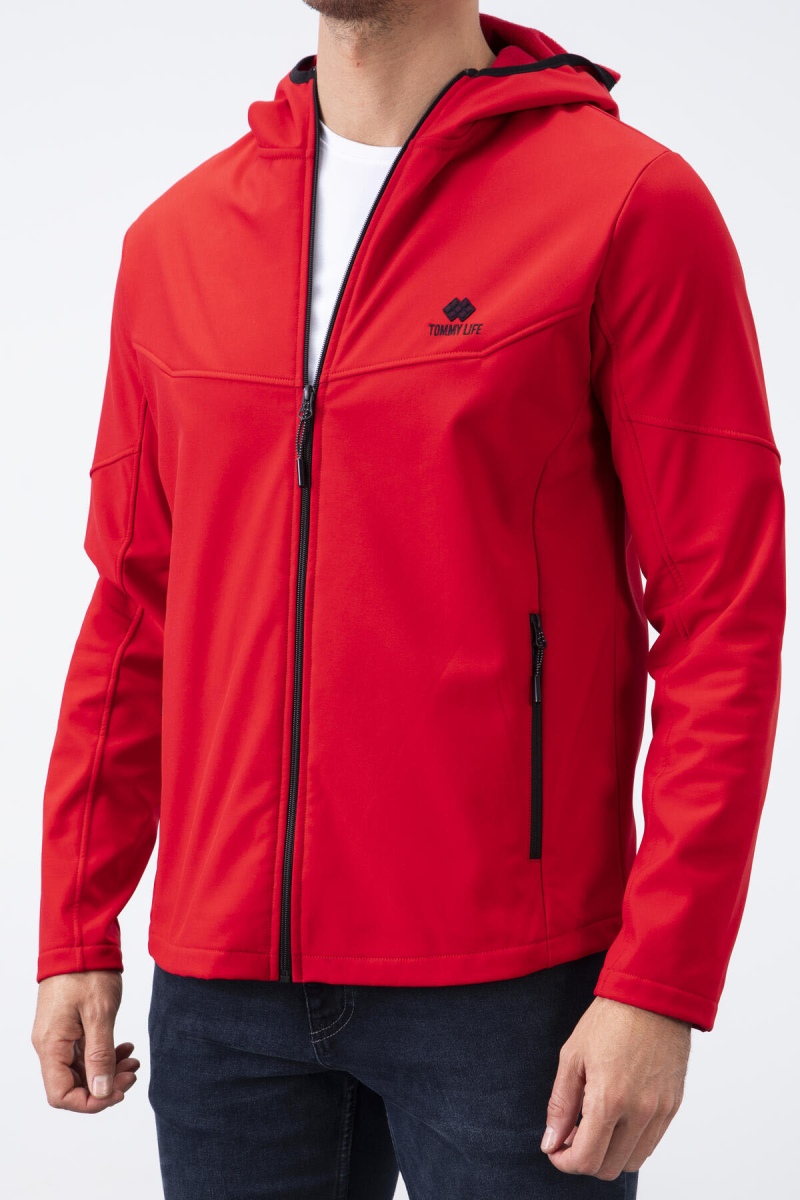 Kırmızı Fermuarlı Kapüşonlu Su ve Rüzgar Geçirmez Softshell Erkek Mont - 88051 - 8