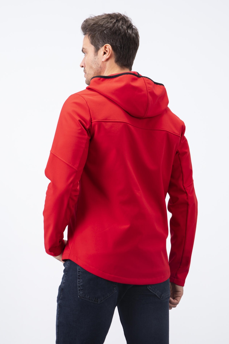 Kırmızı Fermuarlı Kapüşonlu Su ve Rüzgar Geçirmez Softshell Erkek Mont - 88051 - 7