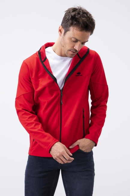 Kırmızı Fermuarlı Kapüşonlu Su ve Rüzgar Geçirmez Softshell Erkek Mont - 88051 