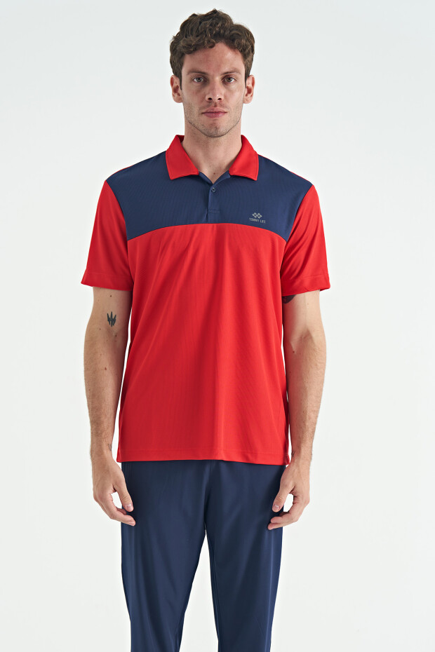 Kırmızı Garni Detaylı Polo Yaka Standart Kalıp Aktif Spor Erkek T-Shirt - 88251