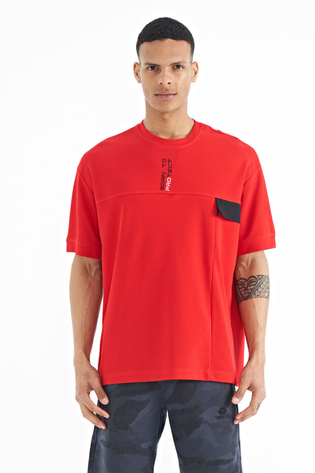 Kırmızı Gizli Cep Detaylı Baskılı Oversize Erkek T-shirt - 88244