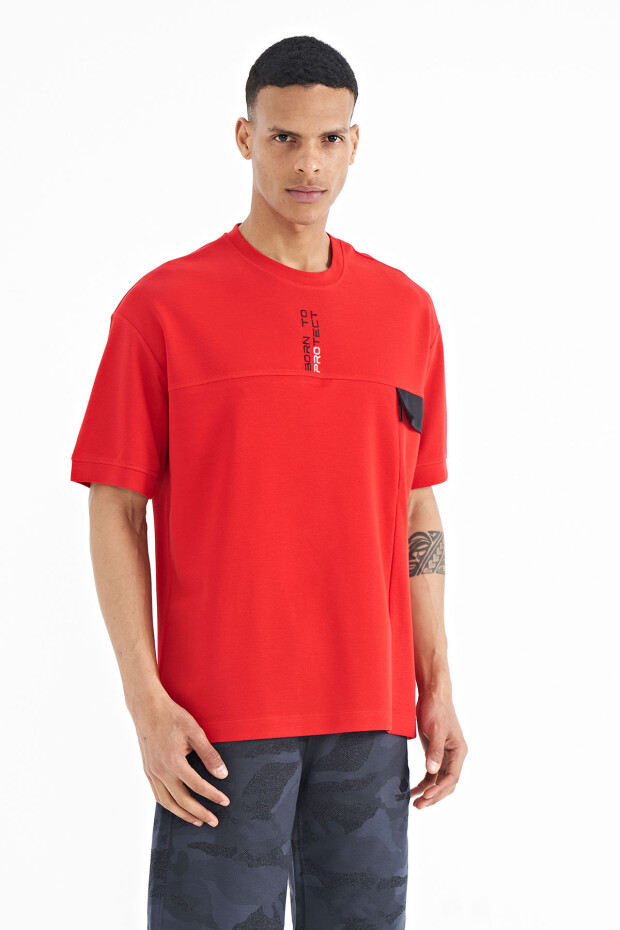 Kırmızı Gizli Cep Detaylı Baskılı Oversize Erkek T-shirt - 88244