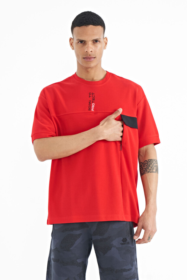 Kırmızı Gizli Cep Detaylı Baskılı Oversize Erkek T-shirt - 88244