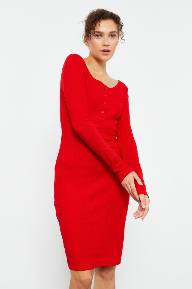 Kırmızı Kaşkorse Triko Dar Kalıp Patlı Yaka Kadın Elbise - 97116