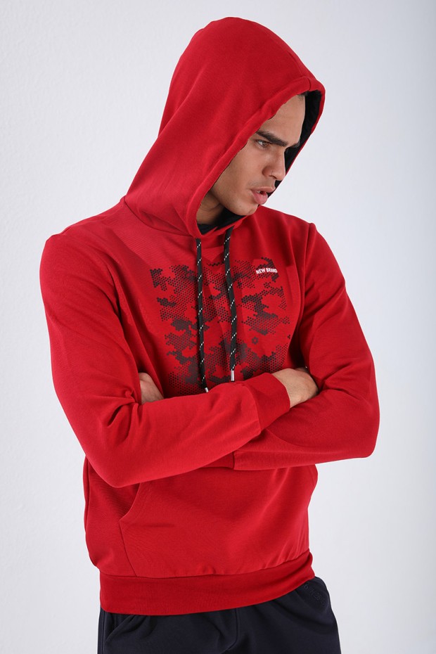 Kırmızı Kamuflaj Desen Baskılı Standart Kalıp Kapüşonlu Erkek Sweatshirt - 87884