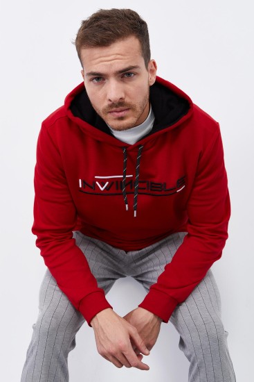 Kırmızı Kanguru Cep Standart Kalıp Kapüşonlu Erkek Sweatshirt - 87883 