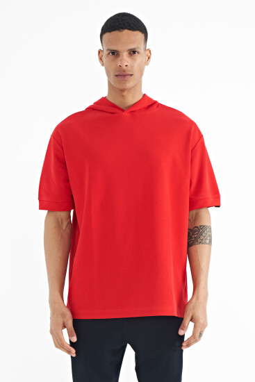 Kırmızı Kapüşonlu Kol Etiket Detaylı Oversize Erkek T-shirt - 88179 