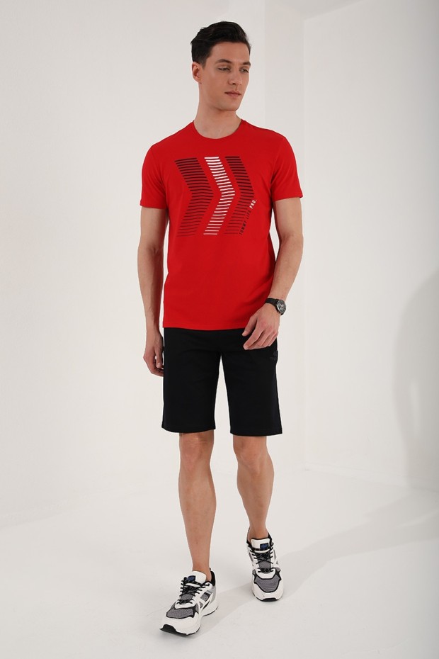 Kırmızı Karışık Harf Rakam Baskılı Rahat Form O Yaka Erkek T-Shirt - 87960