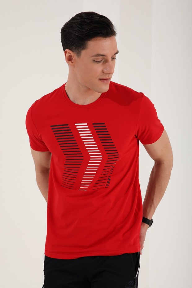 Kırmızı Karışık Harf Rakam Baskılı Rahat Form O Yaka Erkek T-Shirt - 87960