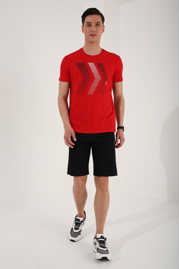 Kırmızı Karışık Harf Rakam Baskılı Rahat Form O Yaka Erkek T-Shirt - 87960