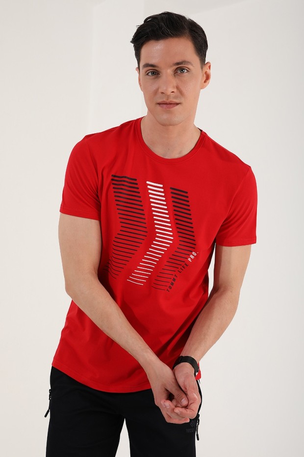 Kırmızı Karışık Harf Rakam Baskılı Rahat Form O Yaka Erkek T-Shirt - 87960